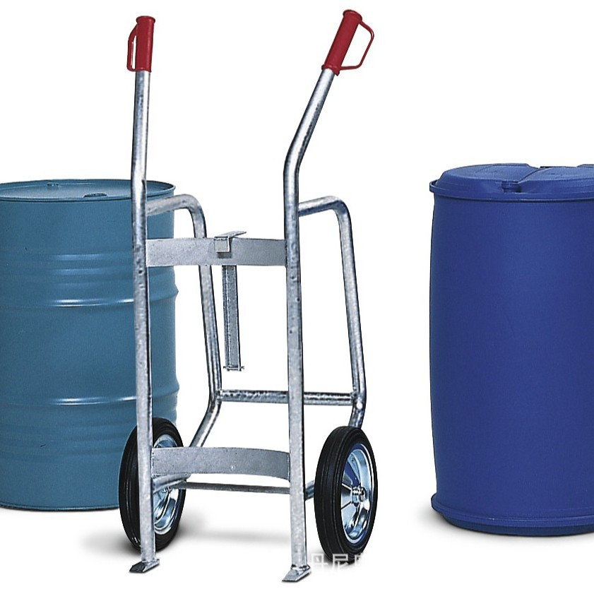 DENIOS steel round drum trolley, 205L iron and plastic drum handling trolley, oil drum unloading trolley, manual trolley full figure