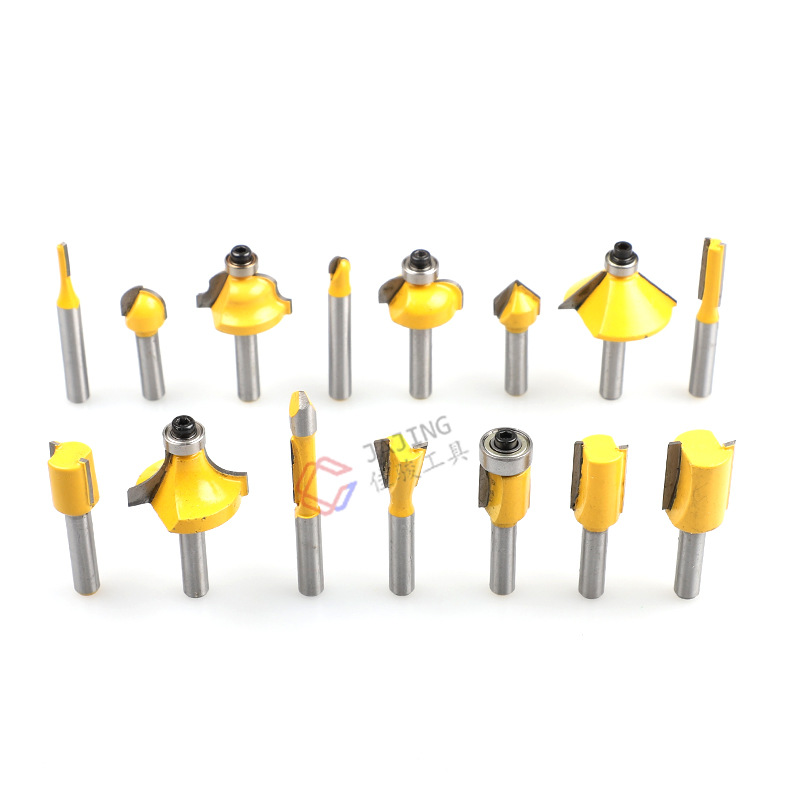 1/4 handle 15-piece woodworking milling cutter set, edge trimming machine, woodworking milling cutter tungsten steel alloy cutter head set, edge trimming cutter details Picture