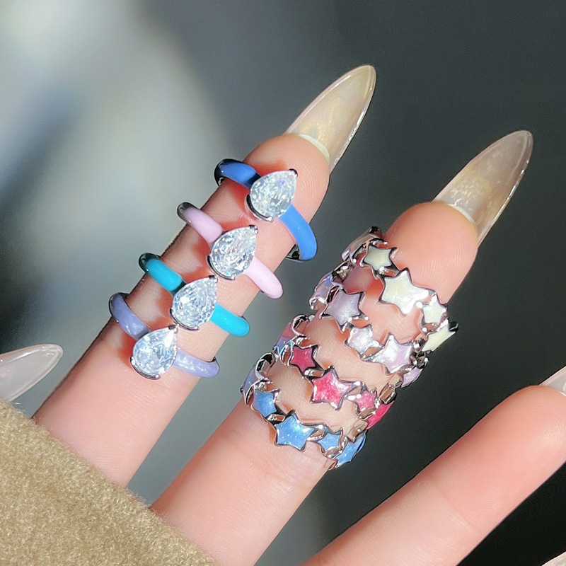Korean version of stacked teardrop zircon ins cold style ring, dopamine irregular star enamel drip glaze ring for women Specification drawing