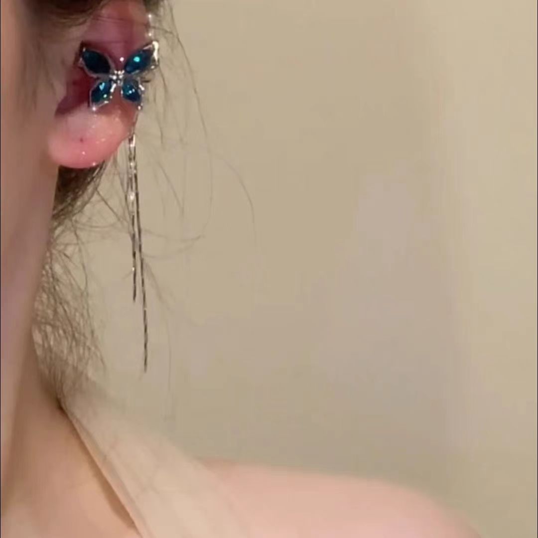 New blue zircon butterfly ear bone clip earrings without ear piercings, a light luxury and high-end, niche ear-clip style for women Application Scenario