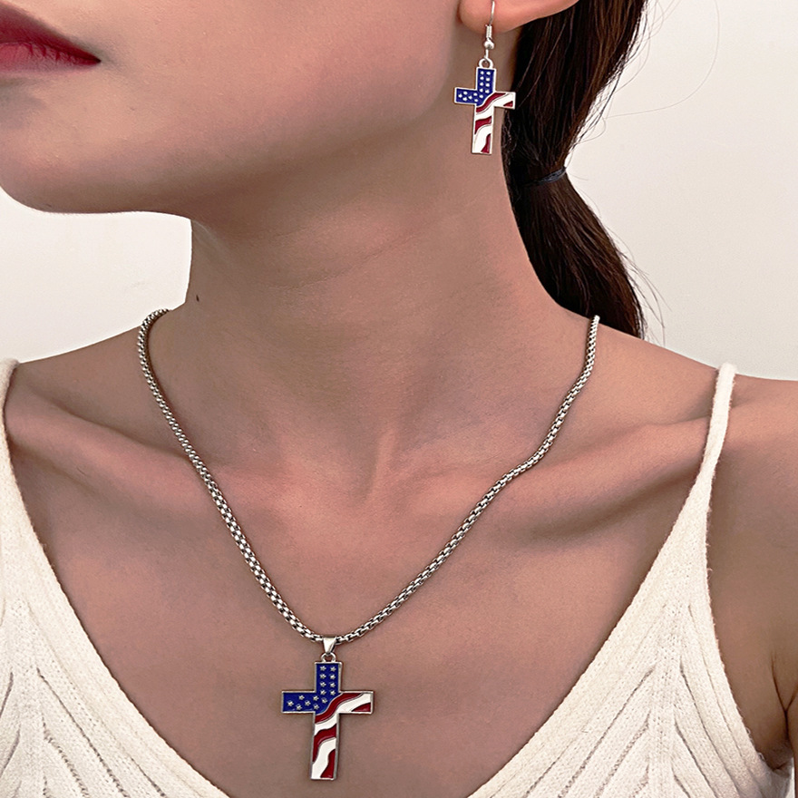 New American Independence Day jewelry set, European and American ins style Stars, Stripes, cross pendant, necklace and earrings set details Picture