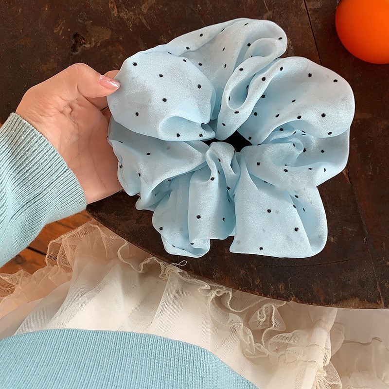 Sea salt blue large intestine hair band, Korean spring and summer fresh, super large lace checkered ponytail bun hair rope for girls details Picture