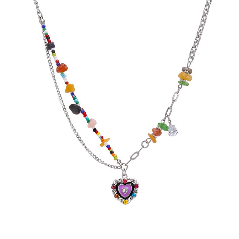Seven-color stone heart-shaped glazed necklace for women's summer 2023, a new niche accessory, a sweet and cool hot girl collarbone chain Item Picture