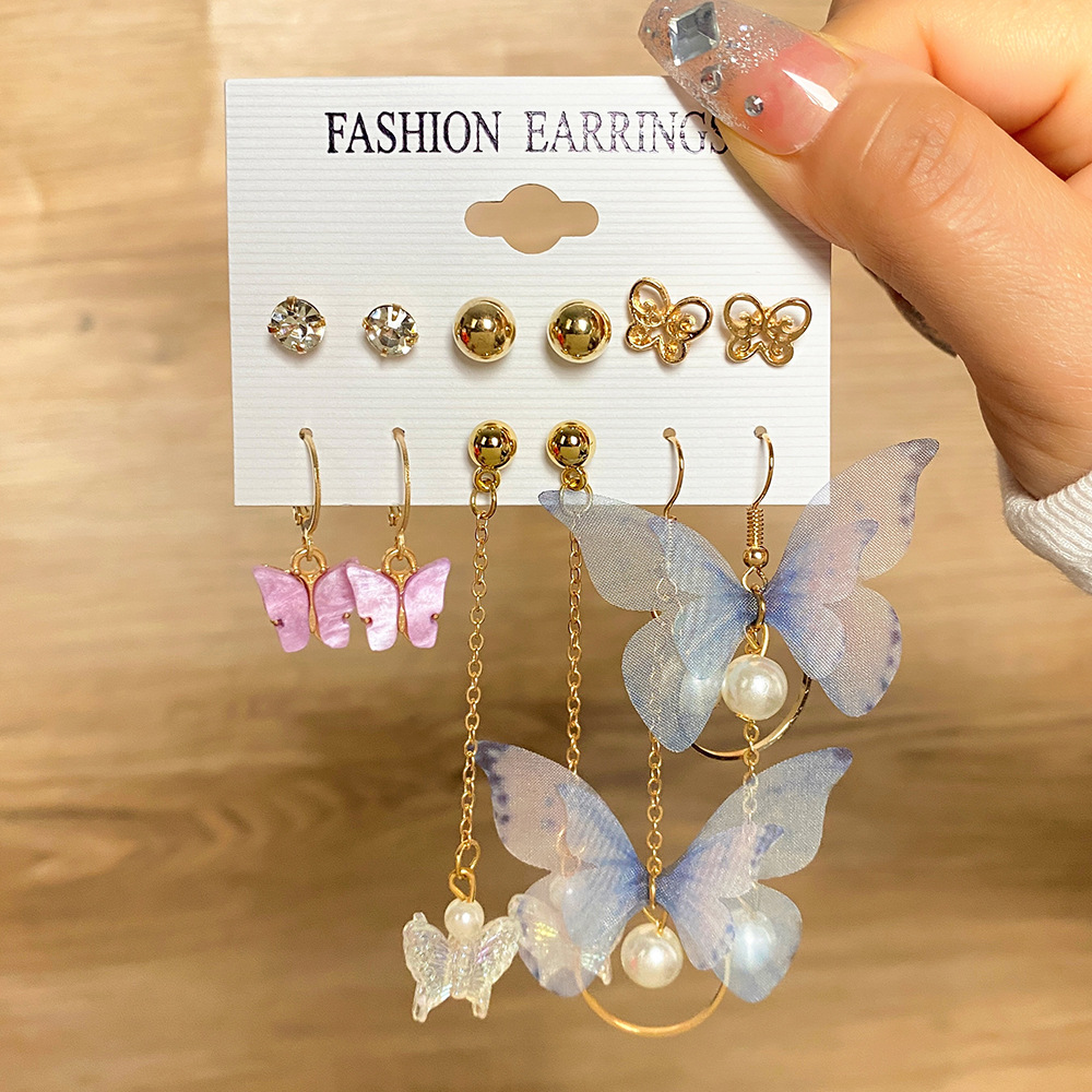 A 5-piece set of creative butterfly tassel earrings for European and American trade, with a retro and elegant chessboard style and high-end earrings Specification drawing