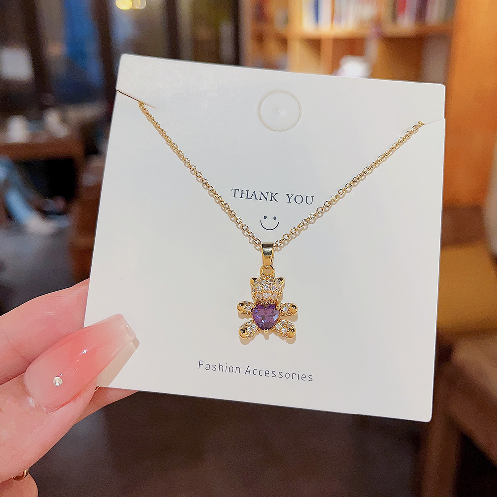 Purple bear zircon pendant necklace, a fashionable bestseller for female Douyin, titanium steel collarbone chain, a trendy and internet-famous style necklace Specification drawing