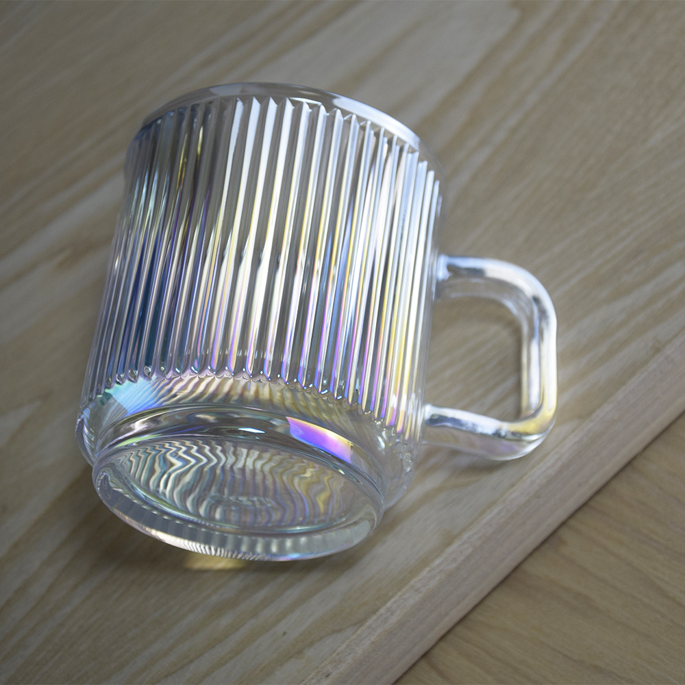 Douyin vertical striped coffee cup, straight thickened household glass handle cup, glass water cup, cold brew latte cup with handle Application Scenario