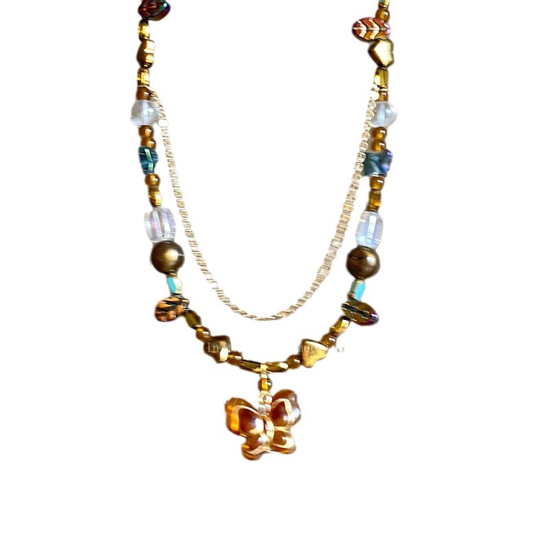 Retro butterfly pendant beaded necklace for women, 2024 new double-layer forest-themed collarbone chain, ethnic style summer accessory Item Picture