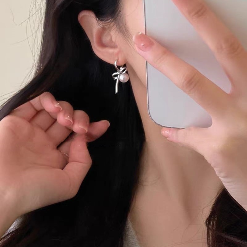 Ballet Girl ~ French bow pearl Stud earrings 2025 New Bestseller, high-end and light luxury earrings and earrings Summer Specification drawing