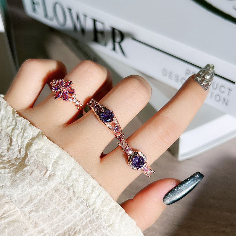 A light luxury, super fairy-like rose gold purple diamond, high-end open ring, sweet, cool, fashionable, niche and cold style ring trend for women details Picture