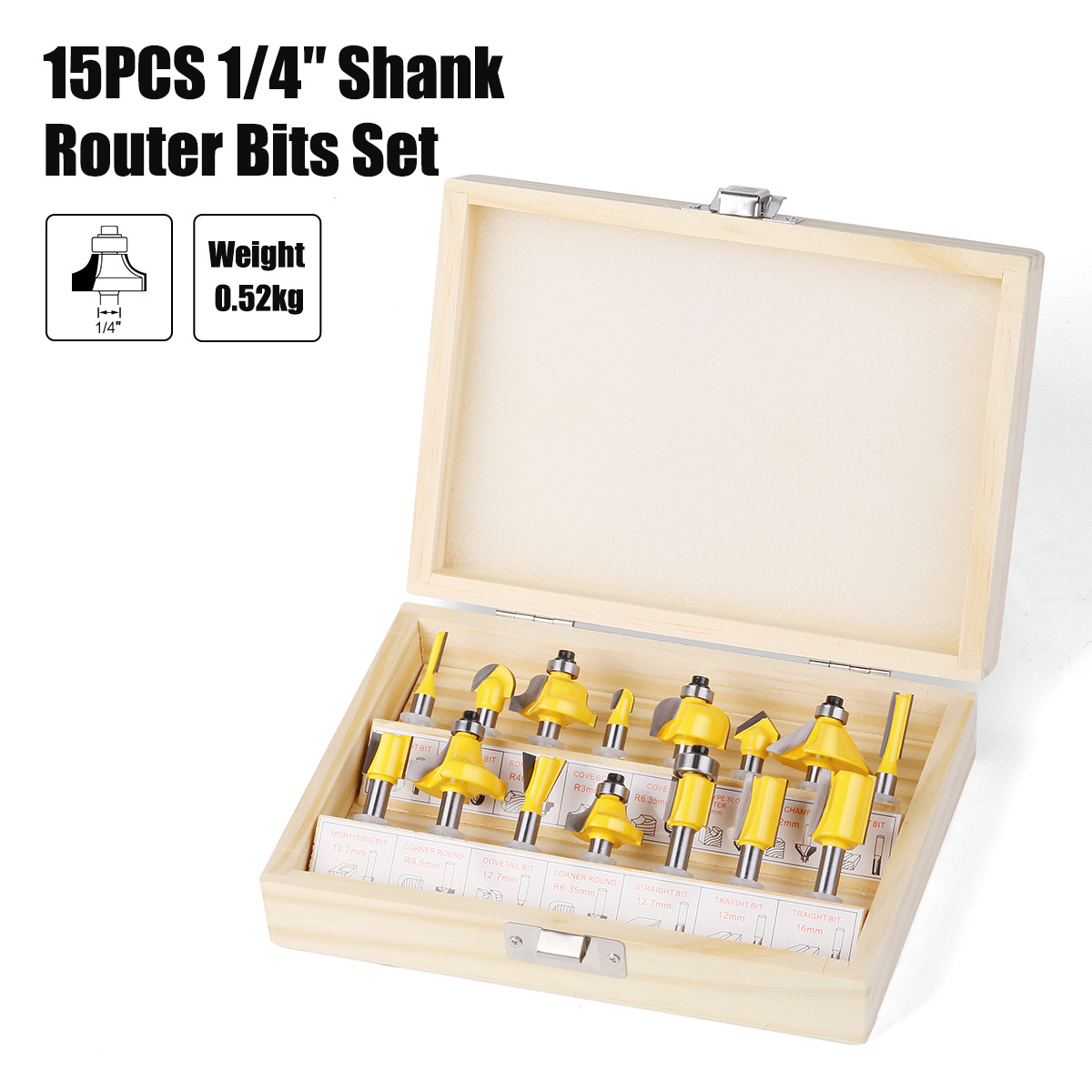 1/4 handle 15-piece set of British standard woodworking milling cutter set, edge trimming machine cutter head, bakelite milling machine, engraving machine, milling cutter, edge trimming cutter undefined