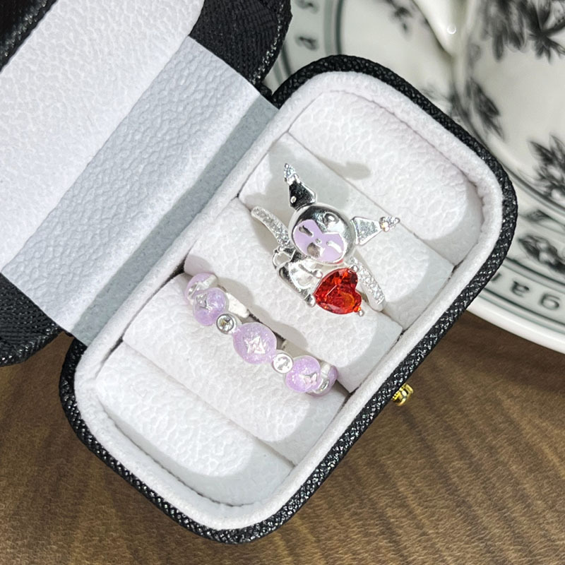 Cute cartoon student silver-plated Kuromi fashion and personality ring, sweet and cool female charm, purple drip glaze niche ring Specification drawing