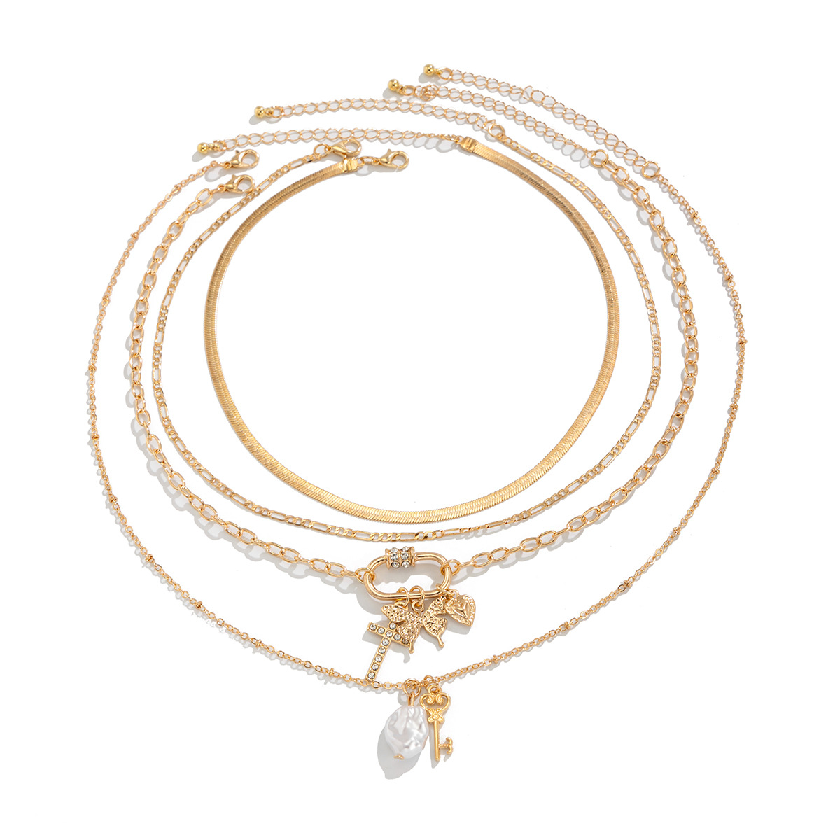 European and American cross-border jewelry, fashionable butterfly alloy flat snake chain necklace, niche and irregular-shaped pearl pendant, collarbone chain Item Picture