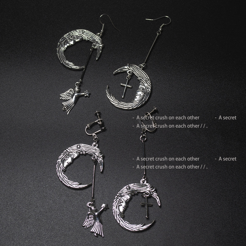 European and American style stud earrings, Gothic punk trend retro moon angel cross set, no ear piercings, ear clips, stud earrings full figure