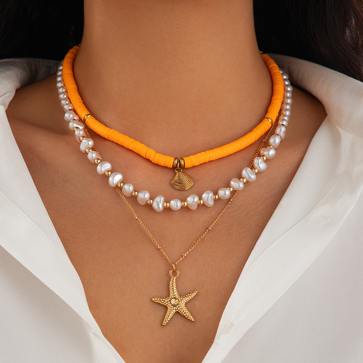 European and American cross-border jewelry, beach-style ocean shell beaded necklace, Baroque imitation pearl starfish collarbone chain full figure