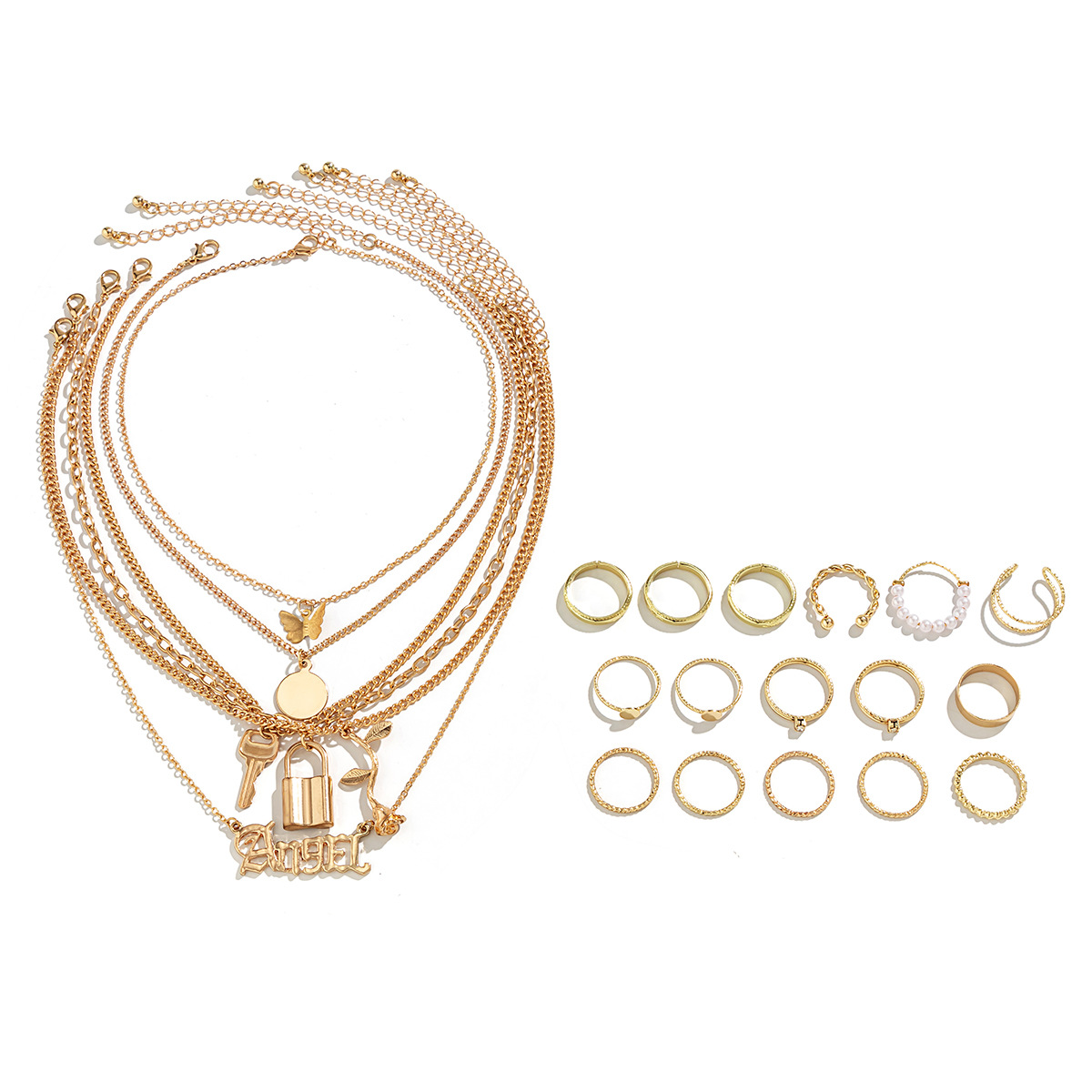 European and American cross-border jewelry layering, cold style butterfly necklace set, niche metal chain angel letter necklace Item Picture