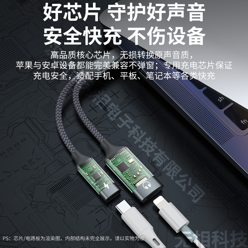 PD60w Apple Lightning headphone Audio Adapter type-c 1:2 is suitable for MacBook laptops Specification drawing