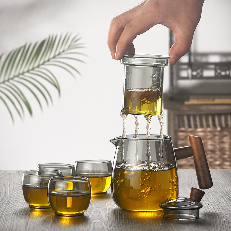 Wooden glass teapot for separating tea and water, teapot set for brewing, Gongfu tea set, high-temperature resistant teapot for boiling around a stove details Picture