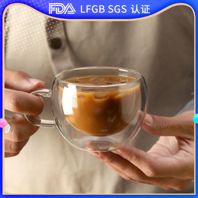 Double-layer glass cup, high borosilicate milk juice coffee mug, office egg-shaped cup with handle, straw details Picture