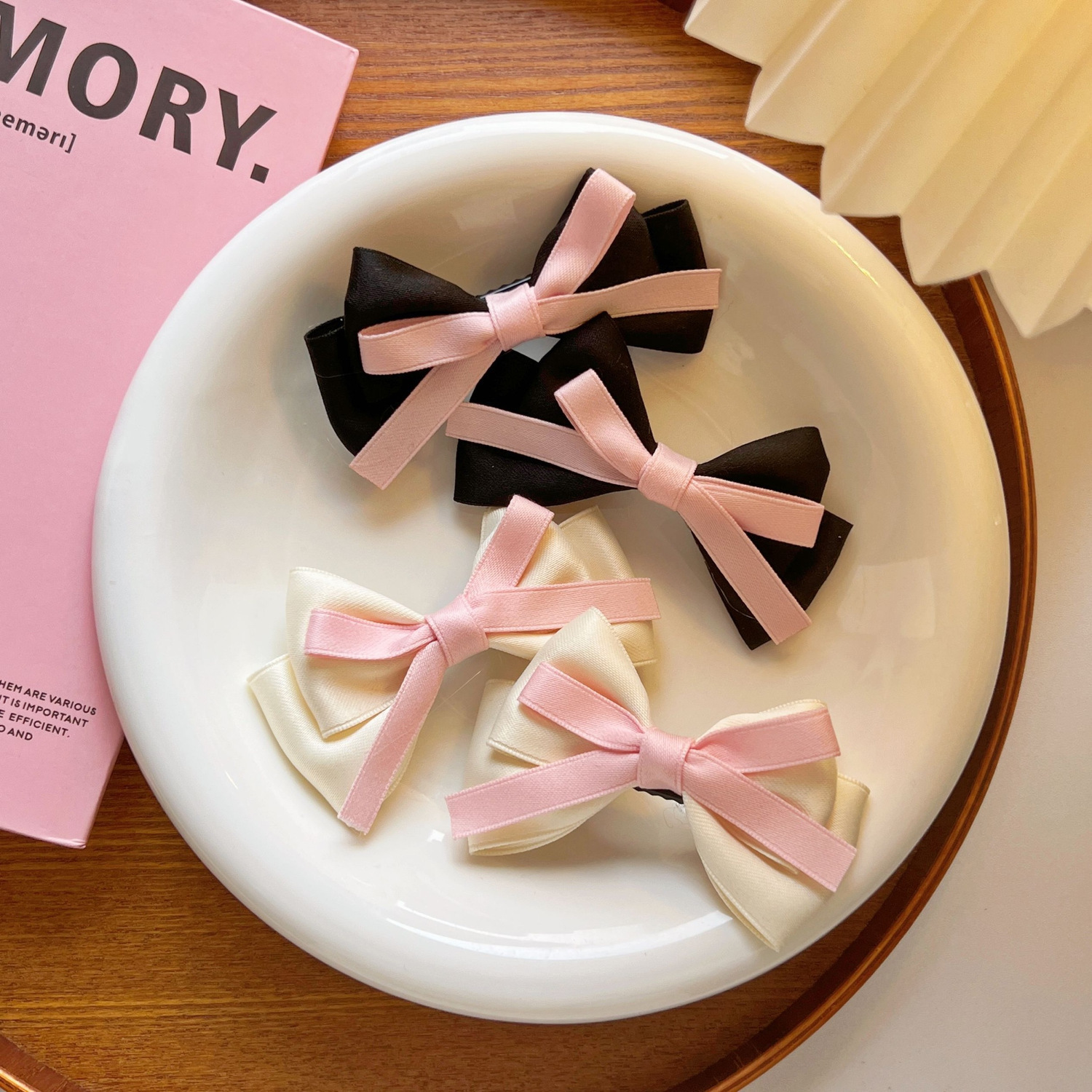 French sweet girl hair clip, bow ribbon, side double ponytail, princess hair clip, lady side hair clip accessory details Picture