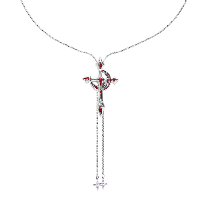 Original Blood Moon Cross necklace women's pull-out hoodie chain, sweet, cool, niche, unique and individual design sense collarbone chain Item Picture