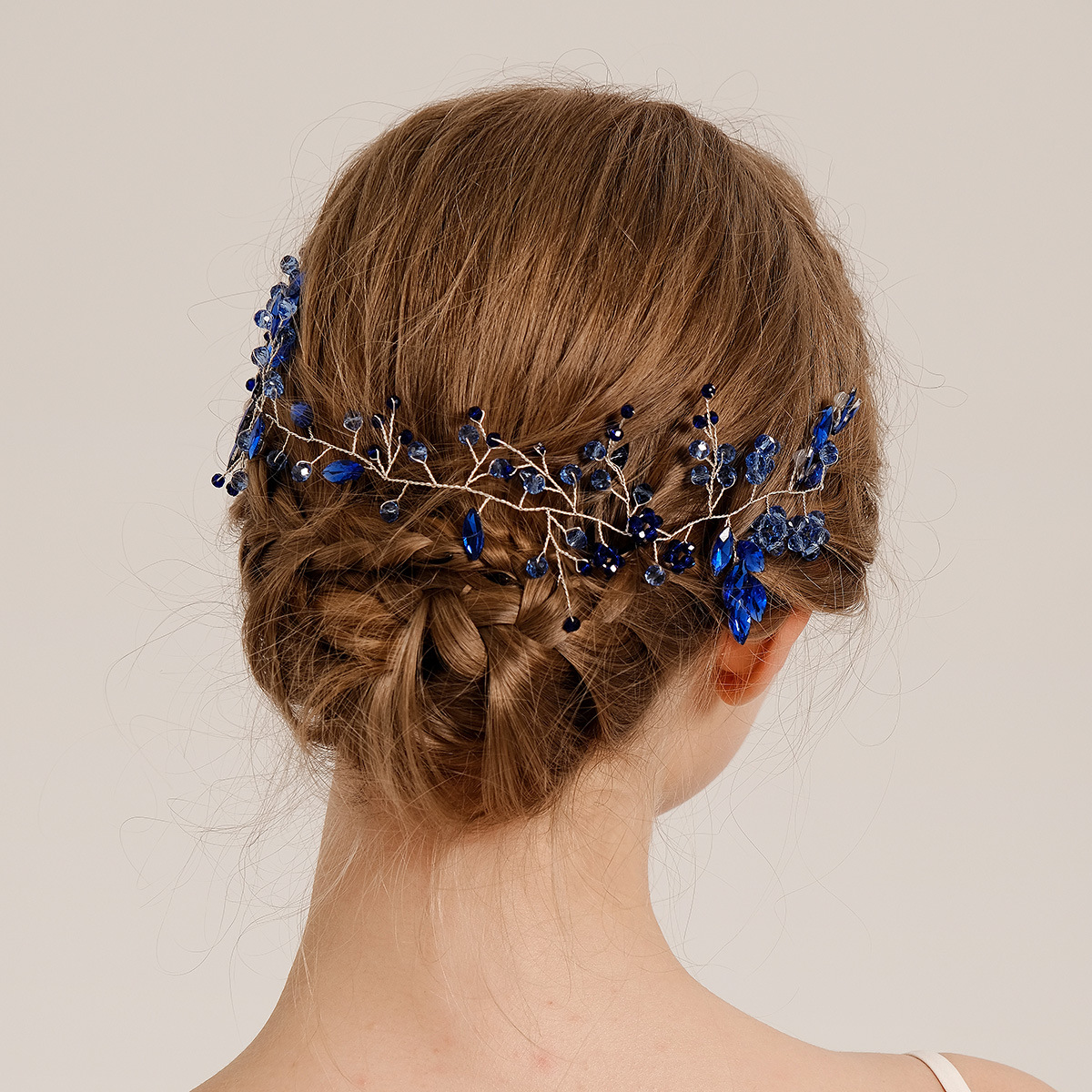 New blue rhinestone bridal headband from Europe and America, hand-beaded wedding headwear, beautiful updo hair accessory, crystal headband full figure