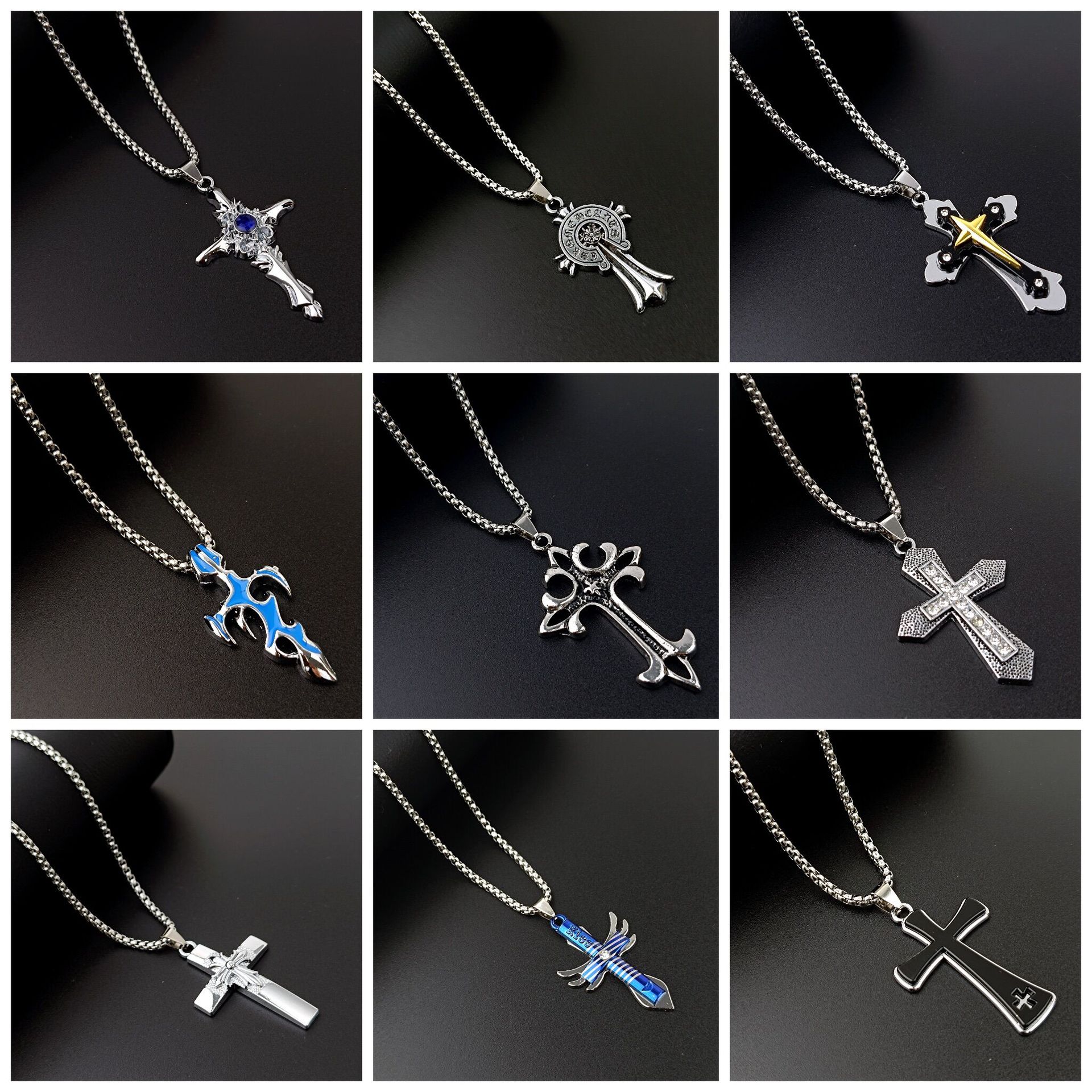 New AliExpress European and American retro multi-layer cross necklace, men's stainless steel cross pendant collarbone chain full figure