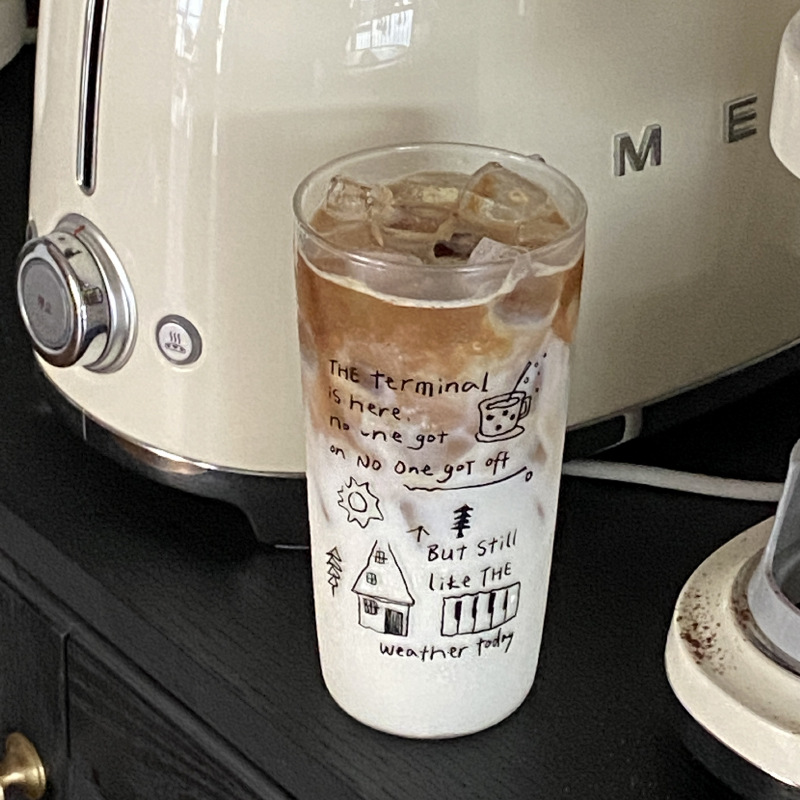 Self-made ins simple line graffiti high borosilicate glass cup, high-temperature resistant and clear coffee cup, large-capacity water cup Item Picture