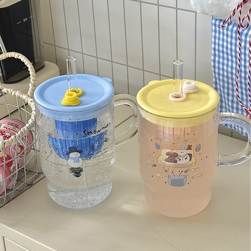 Korean InS-style large-capacity glass straw cup, girlish water cup, student drinking cup, glass snowman full figure