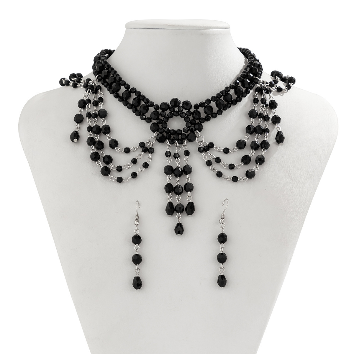 European and American cross-border Gothic style beaded woven crystal choker set, dark tassel necklace accessory for women's personality Item Picture
