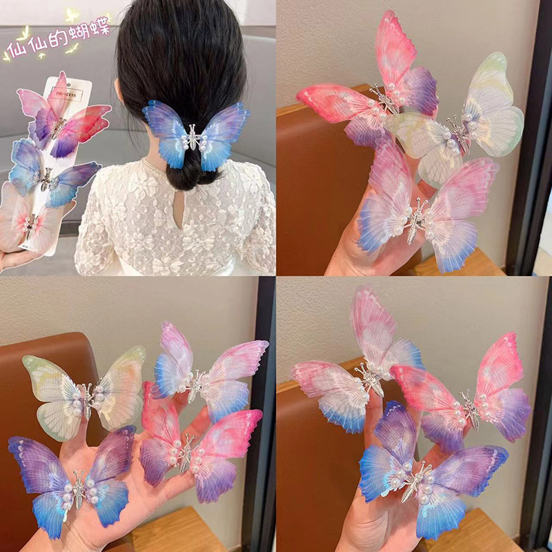 Gradient color moving butterfly, super fairy-like pearl butterfly hairpin, three-dimensional ancient costume hairpin, headwear and hair clip details Picture