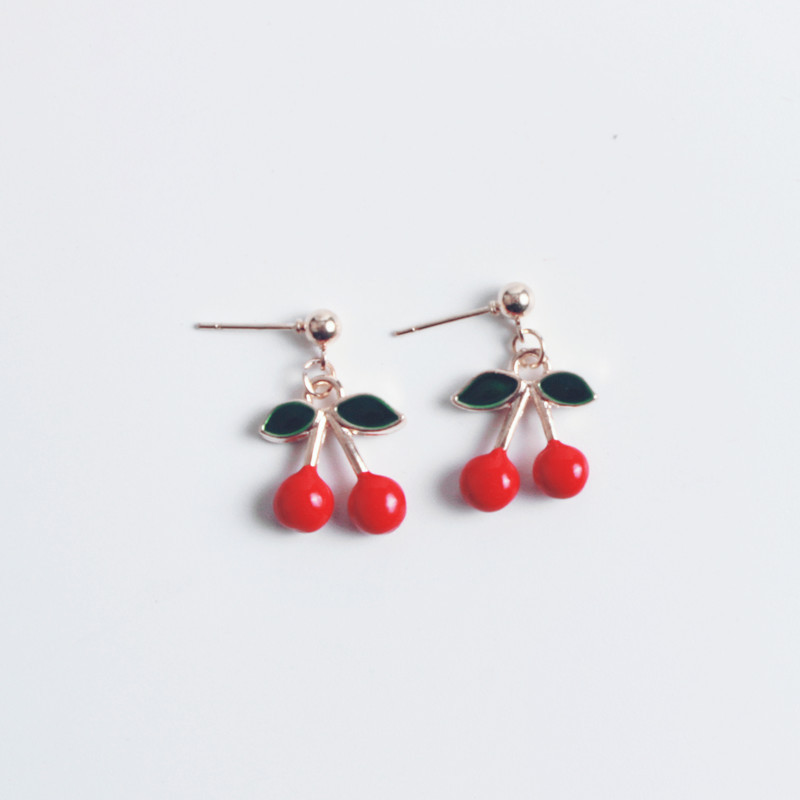 Cute cherry stud earrings, Korean ins women's earrings, pendants and earrings, fresh and unique accessories, no ear holes, fruit ear clips details Picture