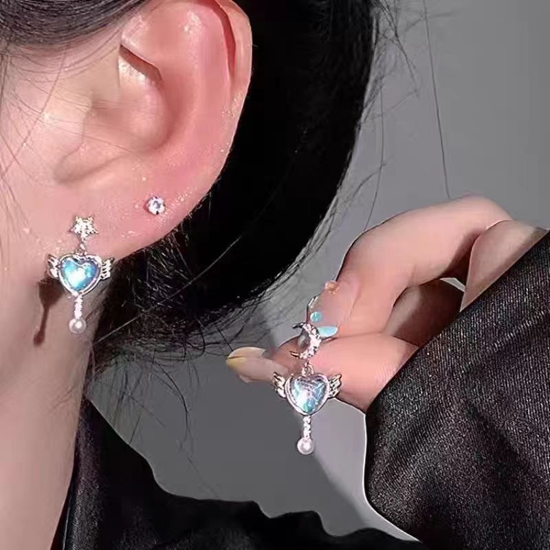 Iridescent heart Angel Wing ear studs Star Moon Asymmetrical ins water style Niche design high-end earrings full figure