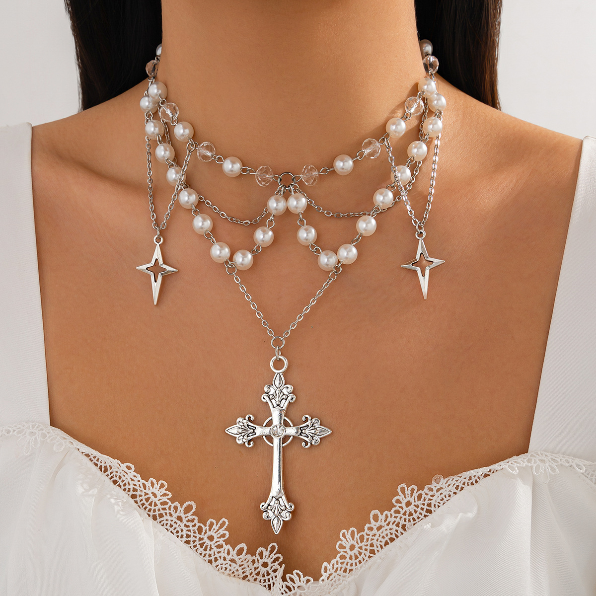 European and American cross-border jewelry cross pearl beaded pendant Necklace, fashionable alloy Necklace punk details Picture