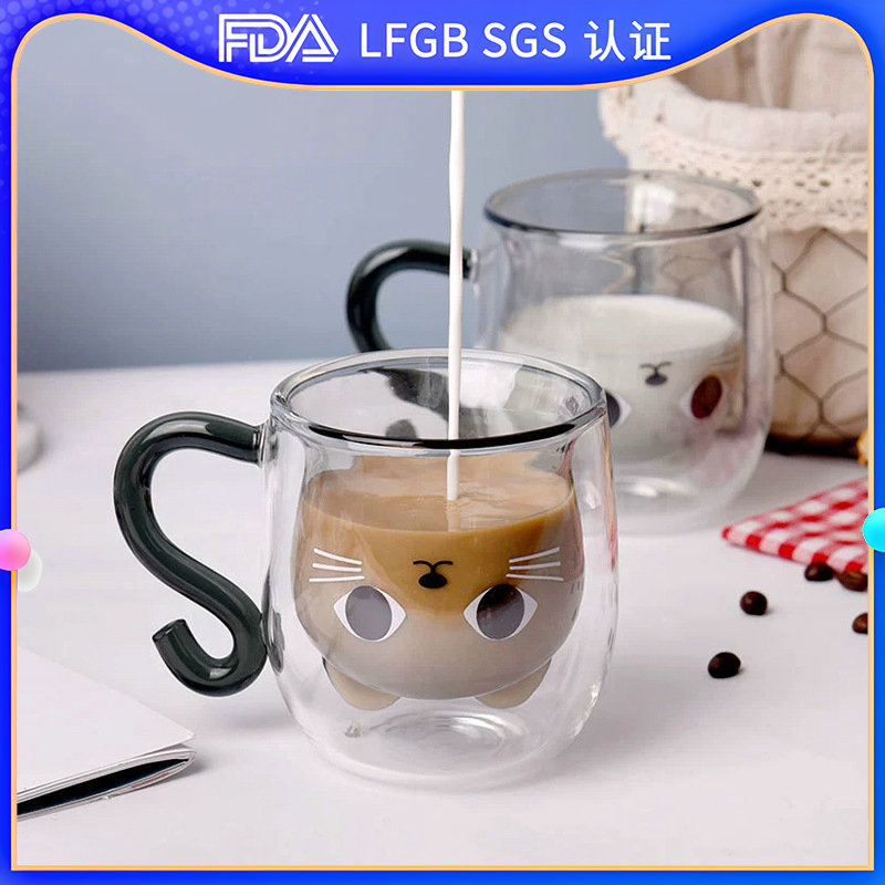 Creative cartoon kitten water cup with handle, transparent glass cup, double-layer cup, heat-resistant milk cup, household breakfast cup full figure