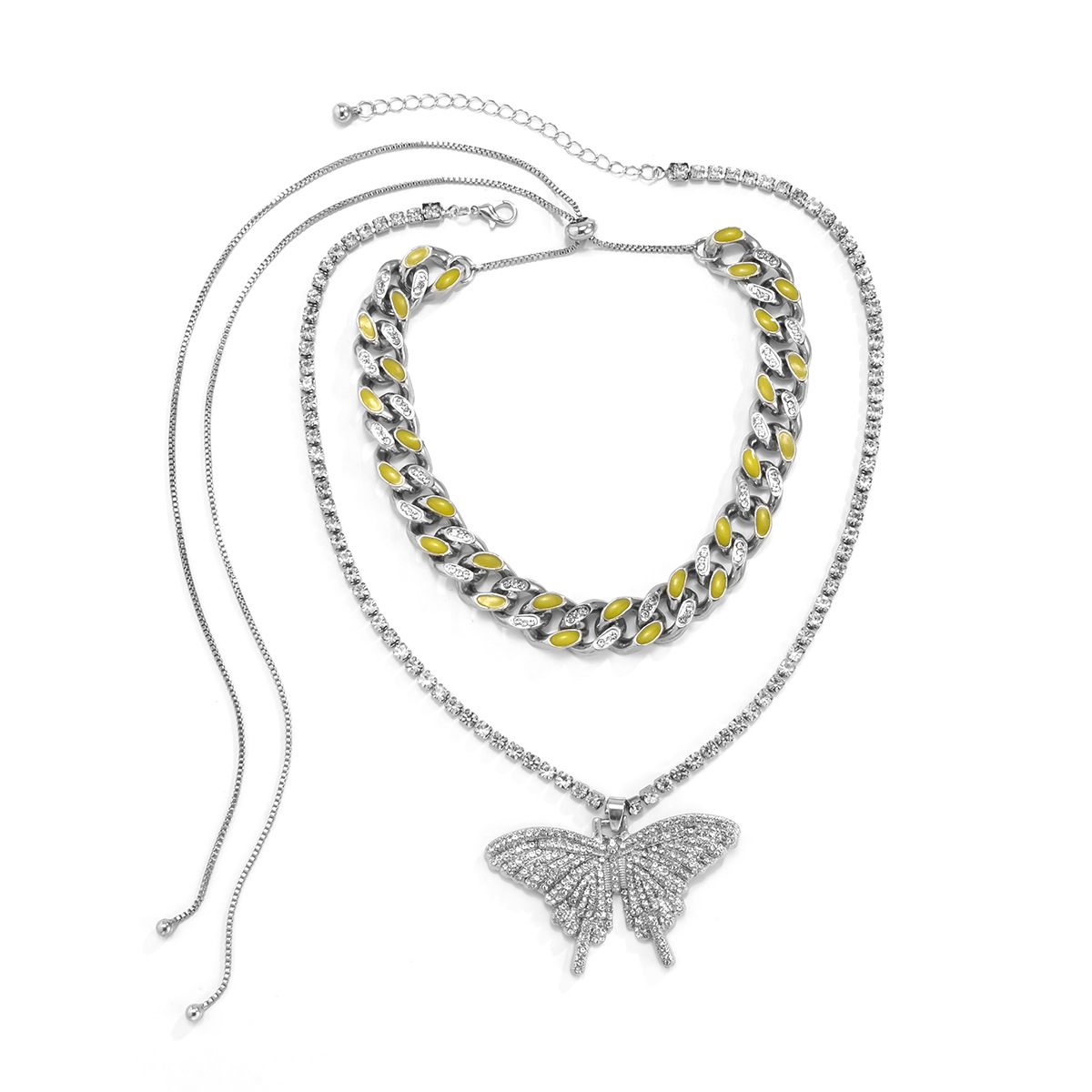 European and American sweet and cool hip-hop micro-inlaid large butterfly Cuban chain necklace, punk street trendsetting night light oil drip claw chain necklace Item Picture
