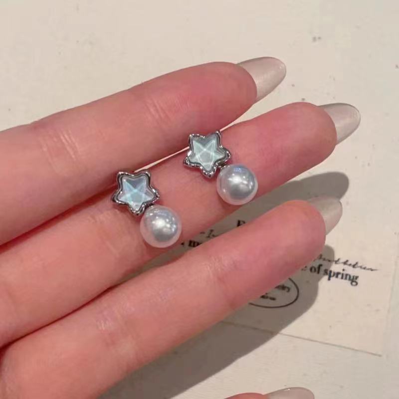 Blue star pearl stud earrings for women, simple, exquisite and small design sense, trendy and versatile high-end earrings on Instagram Specification drawing