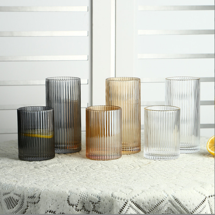 Wholesale simple glass cups, InS-style tea cups, water cups, coffee cups, and household Japanese vertical striped beverage cups details Picture