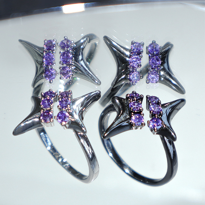 Purple star irregular symmetrical zircon ring for women, isn, niche, light luxury, high-end, cold style, open adjustment full figure