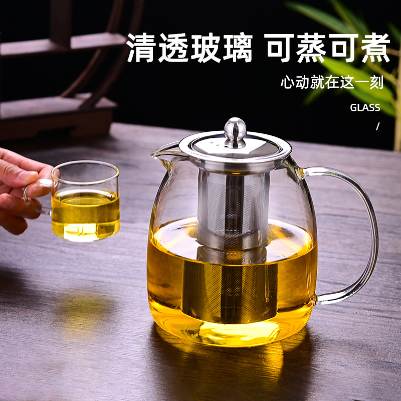 Wholesale of thickened high borosilicate portable 304 stainless steel filter glass teapots with colorful handles for household Gongfu tea sets Application Scenario