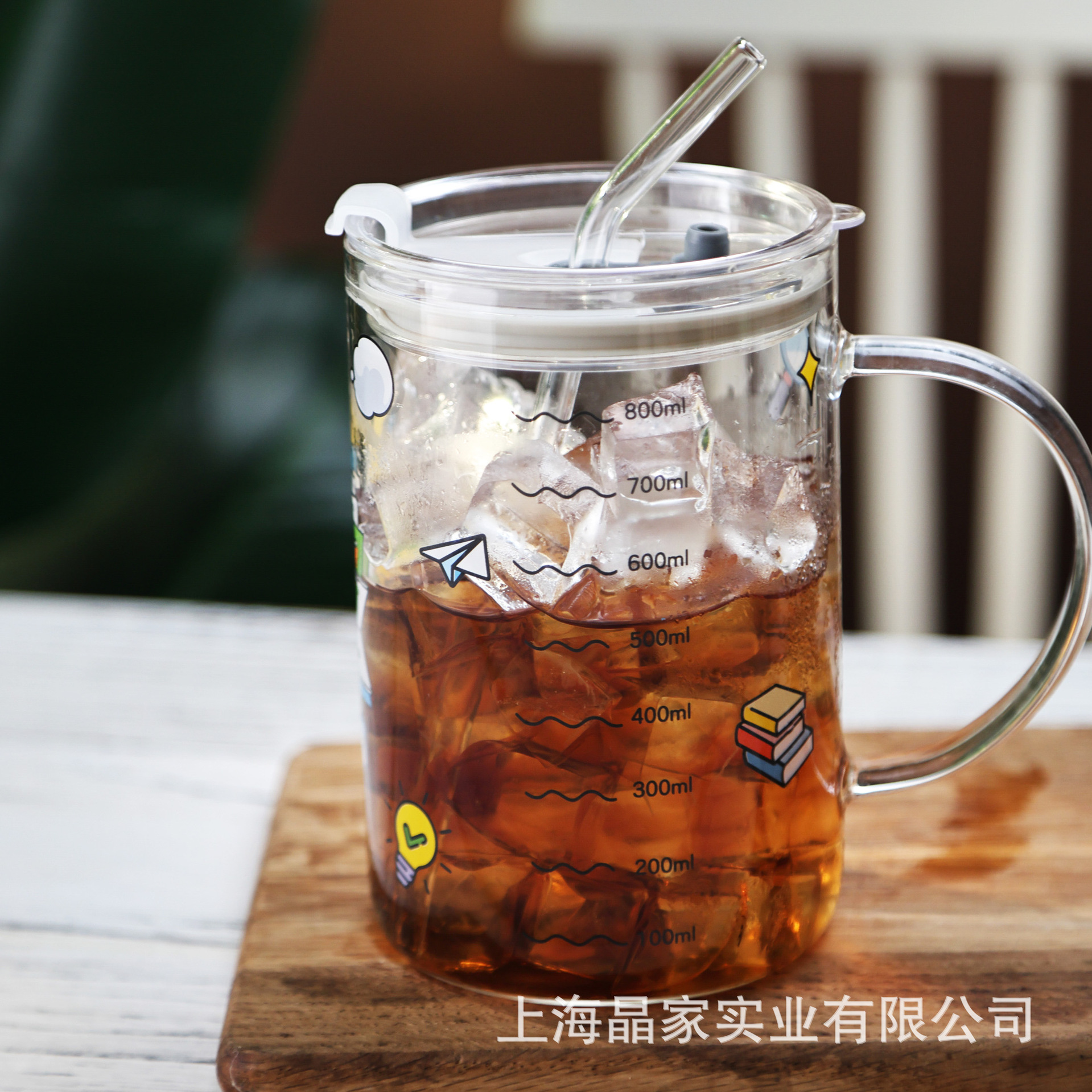 High boron glass cup with graduated straw cup, large capacity, creative handle cup, can be heated in microwave oven, wholesale with LOGO printing Specification drawing