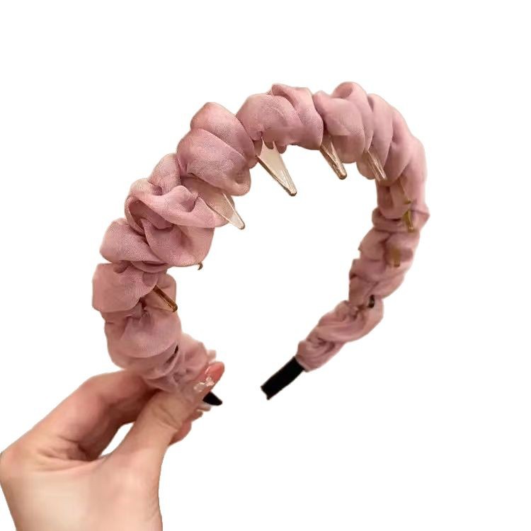 Pleated organza voluminous hairband 2025, new anti-slip lace facial cleansing headband with teeth, anti-slip pressure hairpin and hair accessory Item Picture