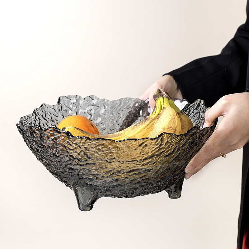 Hammer-patterned fruit plate, living room home, high appearance level, dessert bowl, tall leg, candy and snack plate, irregular glass bowl, grey Specification drawing