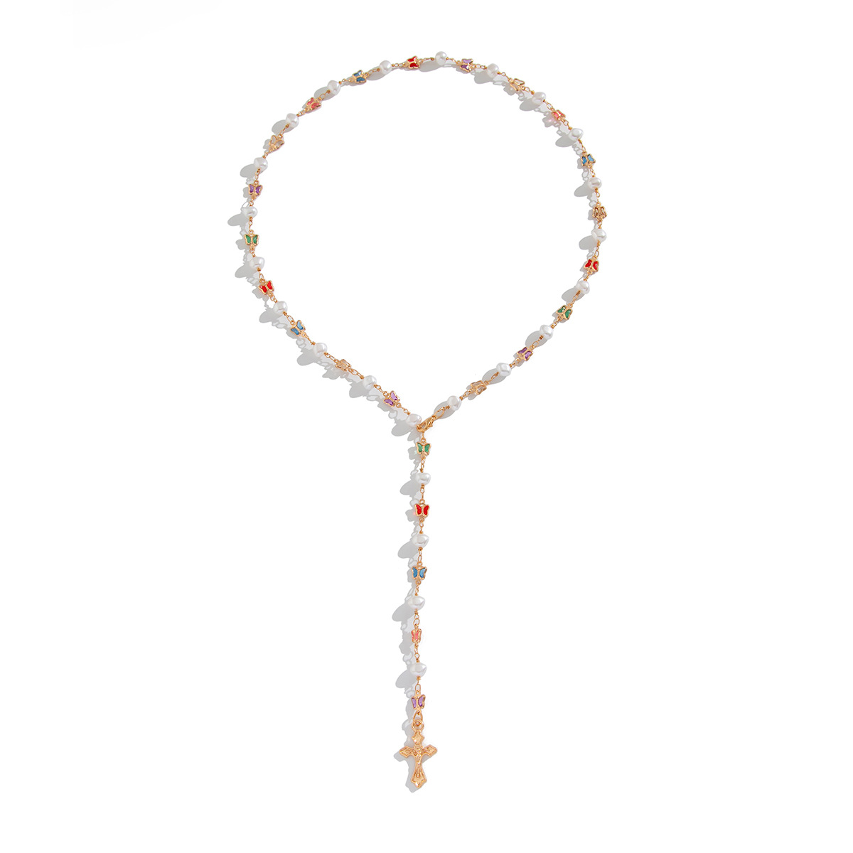 European and American cross-border jewelry, sweet style inlaid pearl Y-shaped chain necklace, fresh and simple cross alloy collarbone chain Item Picture