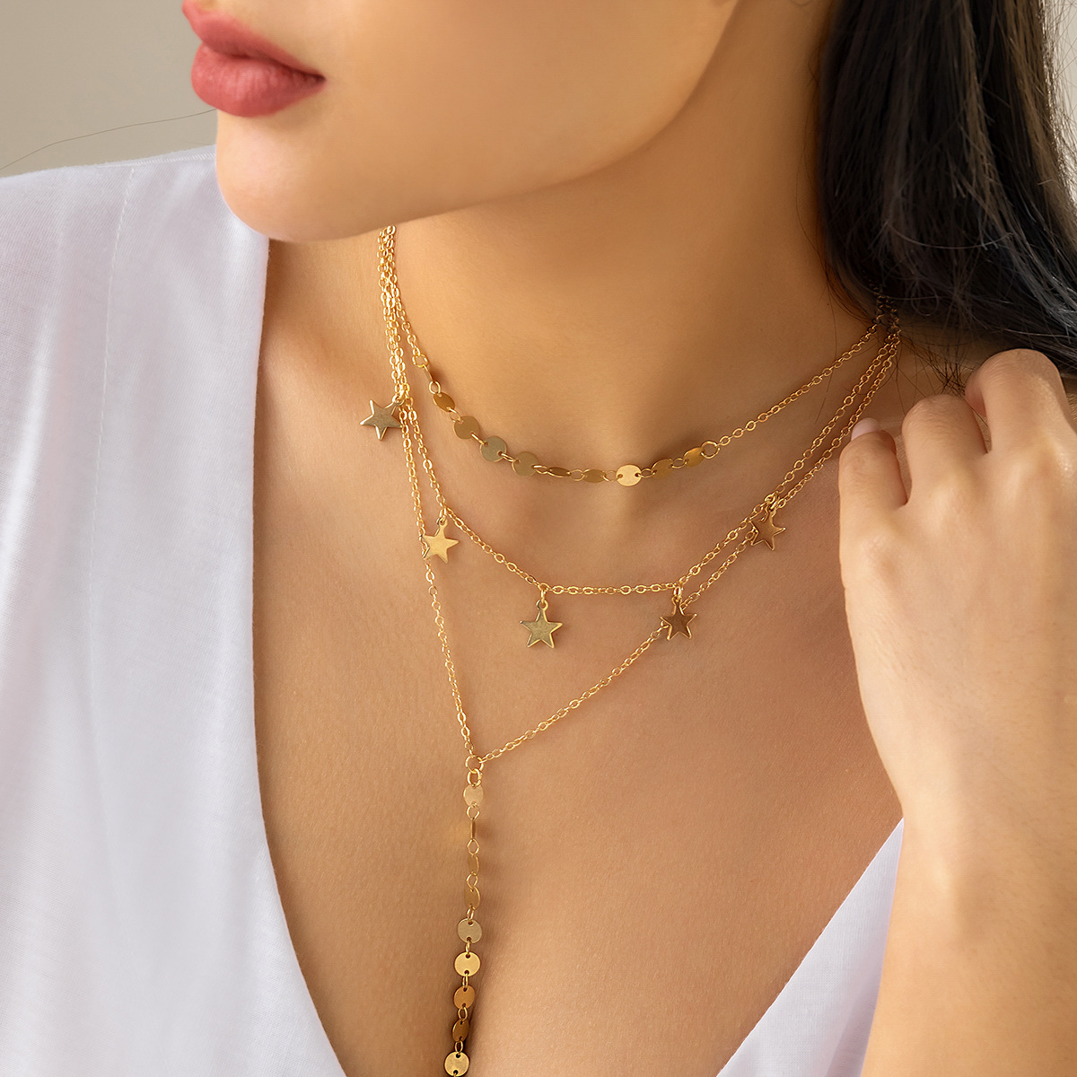 European and American cross-border jewelry fashion metal chain round tassel necklace, hip-hop multi-layer layered wearing niche necklace for women details Picture