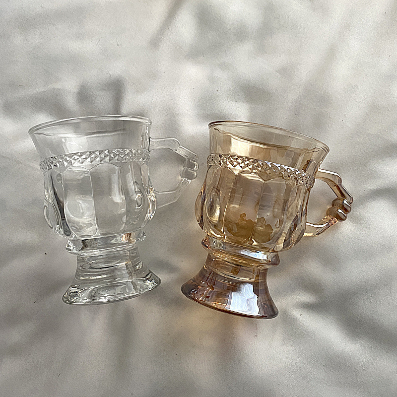 British-style afternoon tea cup, high appearance level, tall legs, small size, light luxury, embossed European retro glass latte coffee cup with handle details Picture