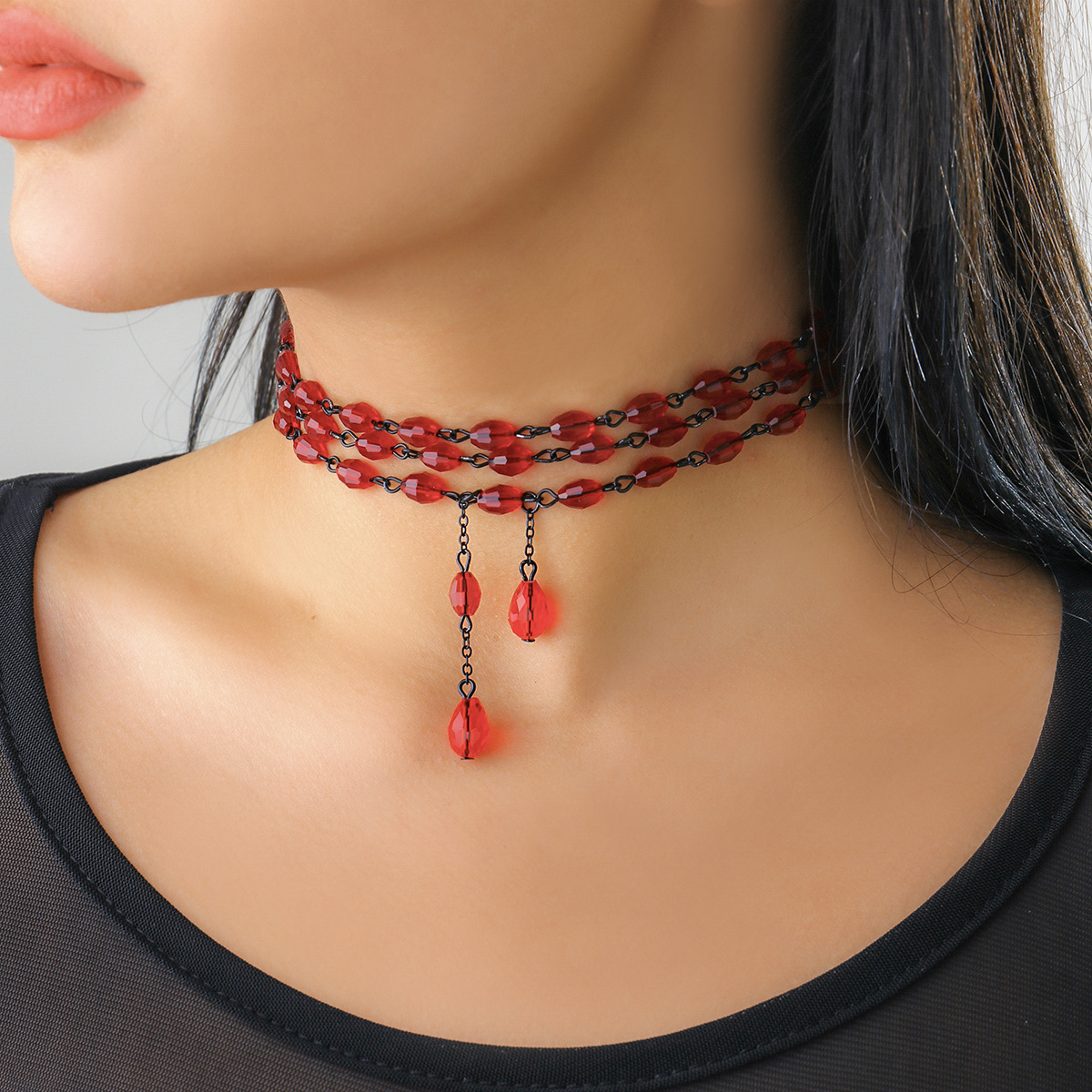 European and American cross-border Gothic style retro red beaded imitation crystal choker necklace, French water drop tassel necklace details Picture