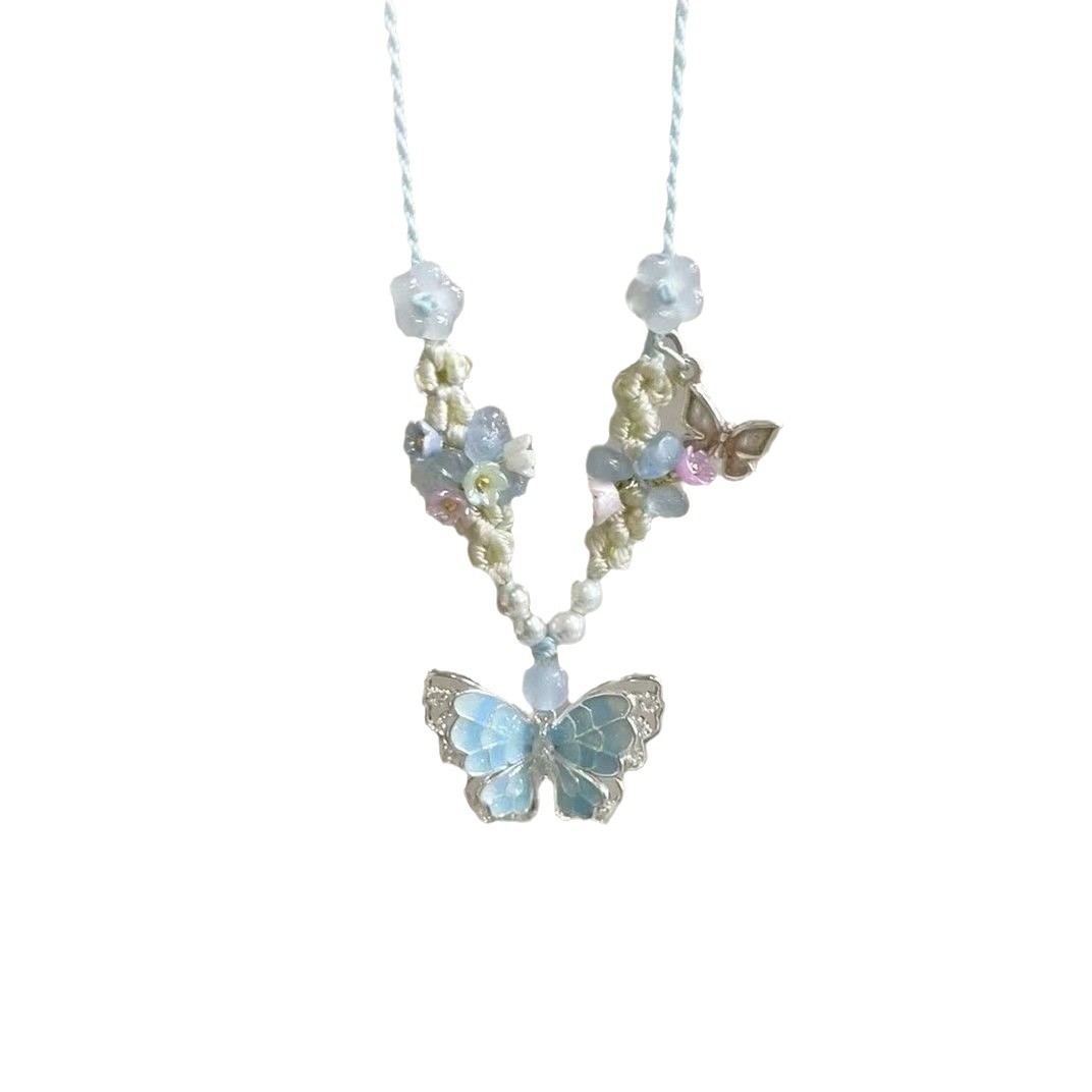 Pink little butterfly necklace, women's beaded woven necklace, new sweet and versatile style, white collarbone chain necklace Item Picture