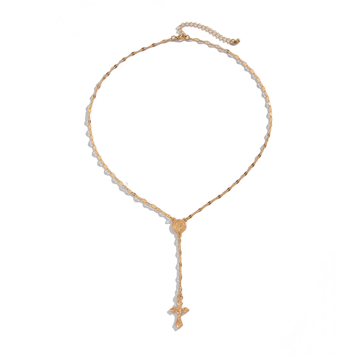 European and American cross-border jewelry, fashionable cross alloy pendant necklace, versatile studded with gemstones and beaded collarbone chain Item Picture