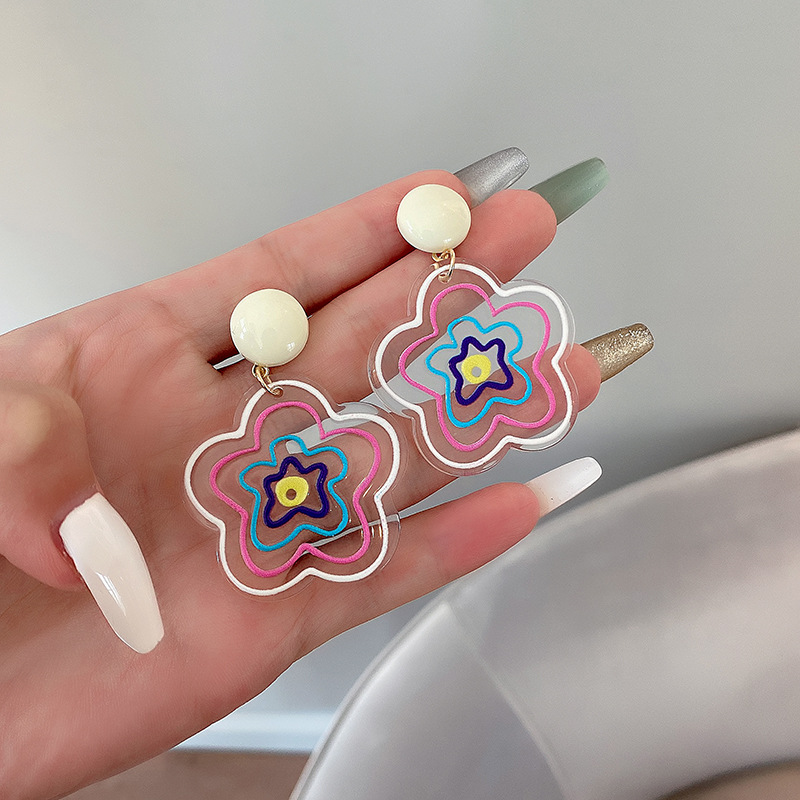 Colorful transparent flower stud earrings ~ins niche design sense spring and summer earrings, versatile for women, color-blocking retro earrings trend details Picture