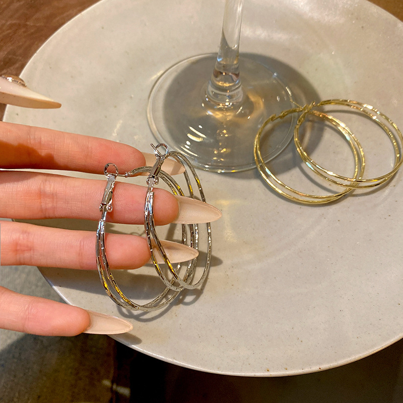 The exaggerated circle earrings from Europe and America are a trendy bestseller for women in 2024. They exude a sense of high-end sophistication and are double-layered and versatile ear rings, making them a stylish and popular earpiece Specification drawing
